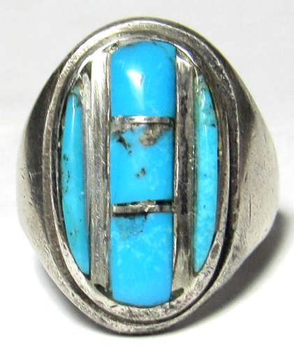 Anillo Grueso NAVAJO Zuni Incrustación Turquesa Talla 7.5 NATIVO AMERICANO Pesado 20 Gramos - Imagen 3 de 23