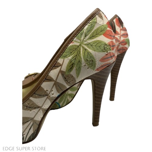 Delicious Brown Green Floral Gold Buckle Strap Peep Toe High Heels Pumps Sz 8.5 - Picture 3 of 6
