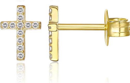 Cubic Zirconia Cross Earrings for Women, 14K Gold Plated Sterling Silver Stud Ea