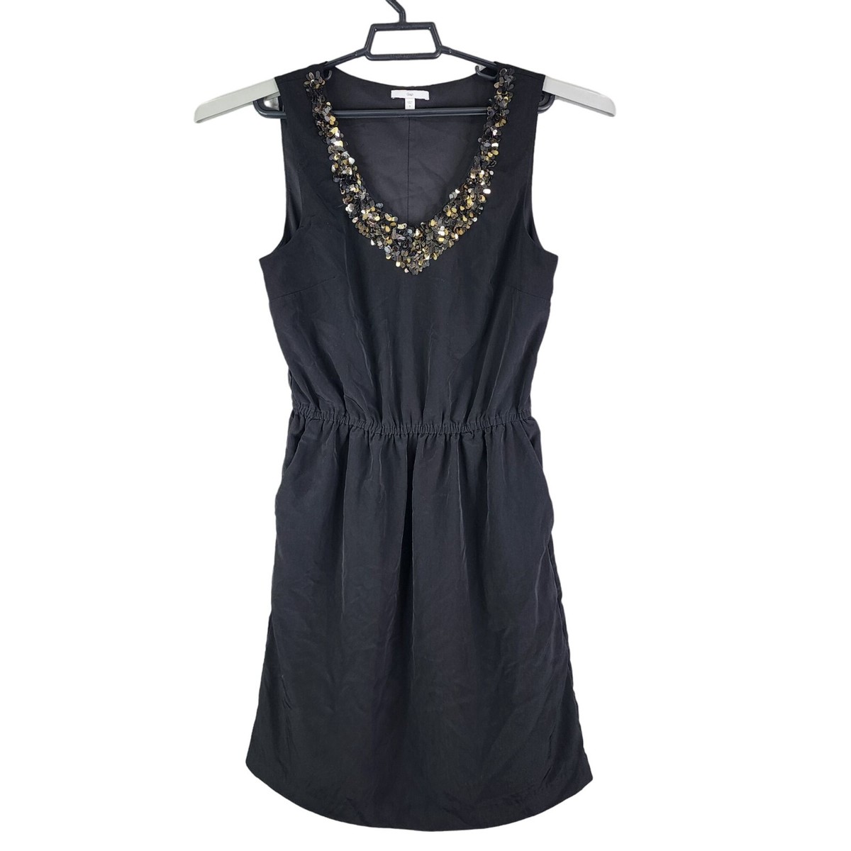 gap silver sequin dress Womens Gap A-Line Dress Black Gold Silver Sequin V-Neck Party Elastic Waist  S