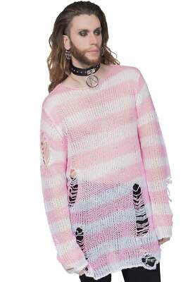 Killstar Gothic Goth Punk Pullover Strickpullover - Marshmallow Gestreift Rosa