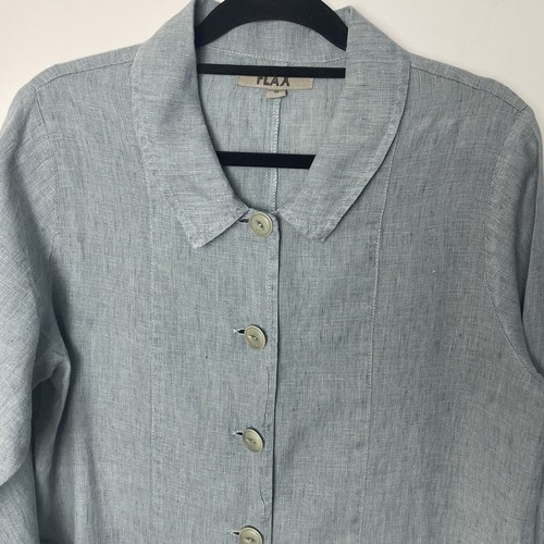 FLAX Pure Linen Jacket Blazer Small Blue Pockets Collar Button Up Lagenlook Boho - Picture 3 of 10