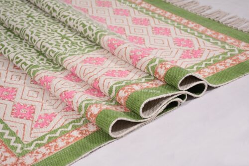 Tappeto in cotone stampato a blocchi a mano, tappeto verde rosa Dhurrie, tappeto decorativo per la casa - Foto 7 di 10