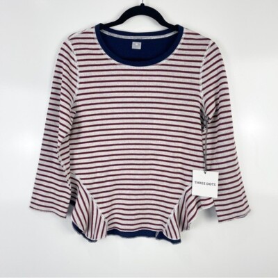 NEW Three Dot Women's Reversible Knit Top Striped Ruffle Sleeve Size Small