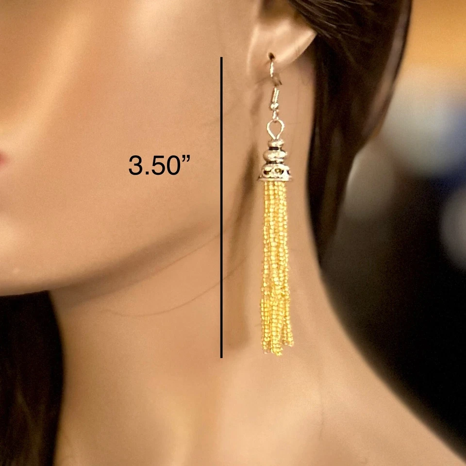 Glass Beaded Earrings Handmade Tibet Silver Gift Unisex Champagne  - Image 2 of 4