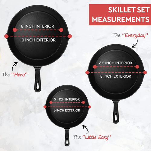 Cast Iron Skillet 3-Piece Set - Heavy-Duty Professional Restaurant Chef Quality - Bild 3 von 5