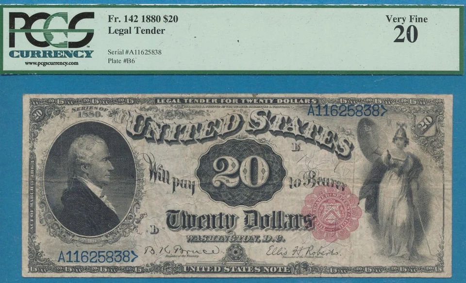 $20 1880 FR.142  RARE  LEGAL TENDER UNITED STATES NOTE RED SEAL  PCGS VF20 - Image 2 of 3