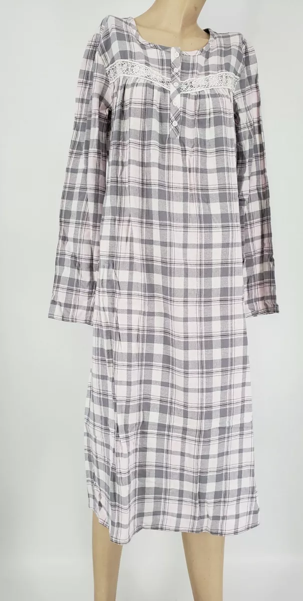 Womens Flannel Nightgown 100% Cotton Flannel Pink/Grey Plaid Croft & Barrow