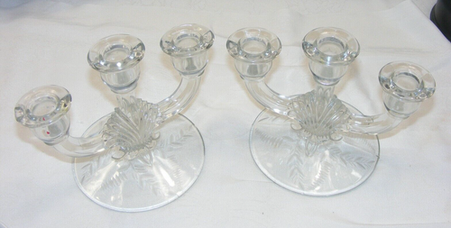 Vintage EAPG Glass Pair of 3 Hole Candelabra Etched Laurel Leaf 21-c - Picture 5 of 10