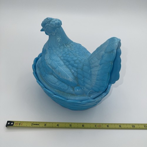 Vintage  Light Blue Milk Glass Hen On Nest Covered Lidded Tall Marked H - Picture 4 of 15