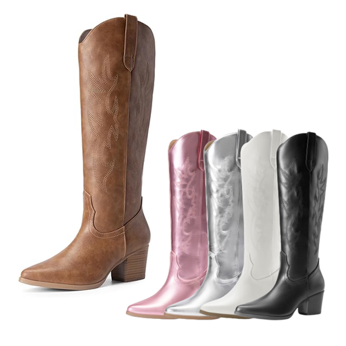 Women Western Cowboy Boots Low Chunky Heel Pointed Toe Knee High Boots
