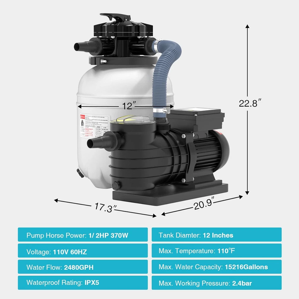 Sand Filter Pump for above Ground Pool with Timer, 12In Sand Filter 1/2HP Pool P - Image 2 of 4