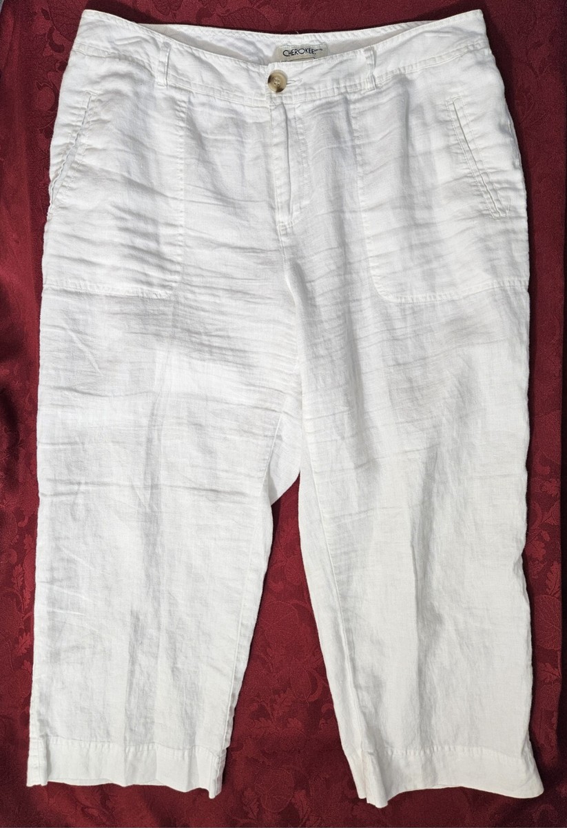 Cherokee Women's Size 14 100% Linen Crop Pants Flap Button Pockets