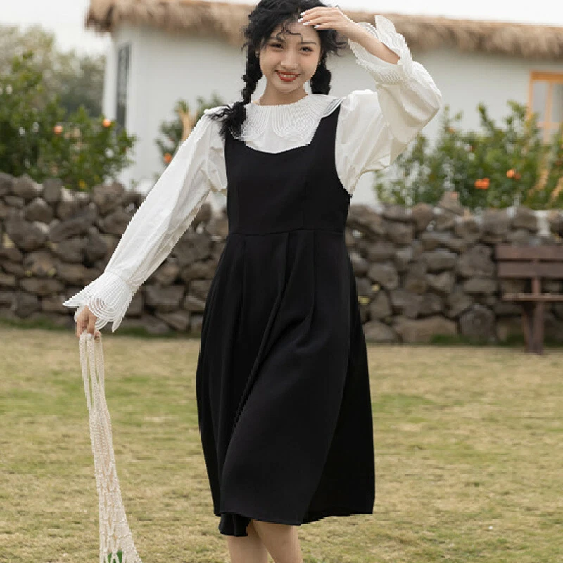 Womens Korean Fashion Summer Mid Length Suspender Dress A Line Casual Gown