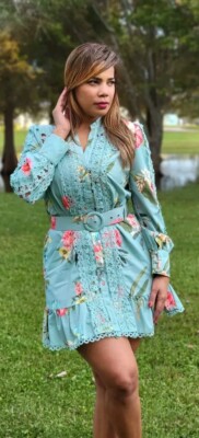 floral lace belted dress Vintage Long Sleeve Floral Lace Belted Dress