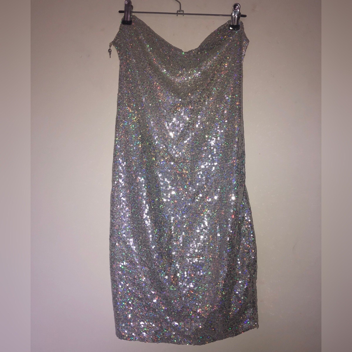 Silver Holographic Sequin Cowl Neck Shift Dress Open Back with Chains XS