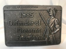 1985 NRA - American Minuteman brass Belt Buckle "Defender of Firearms Freedom"
