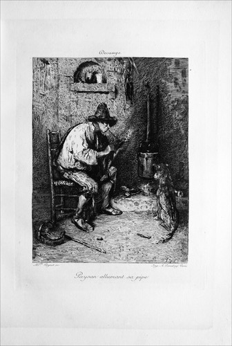 PEASANT lighting his pipe near the stove - 19th century engraving (after Decamps) - Picture 2 of 2