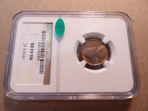 1916S 1C LINCOLN WHEAT CENT NGC MS64 RB CAC
