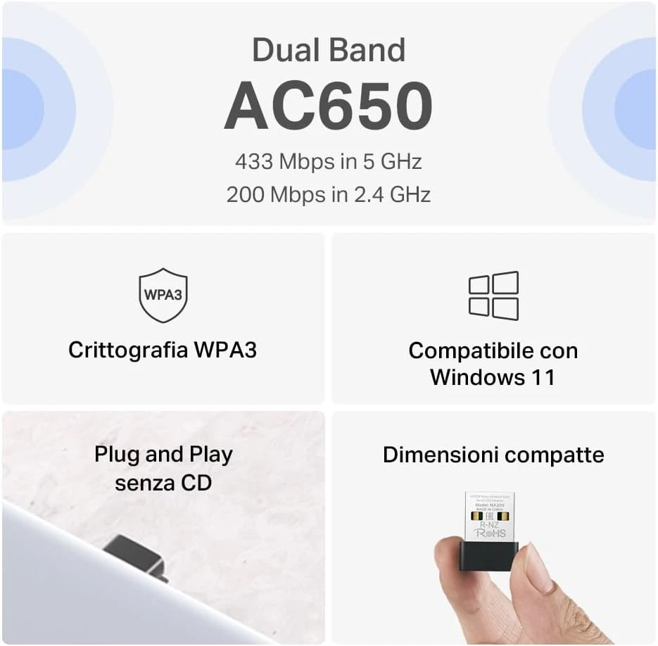 Tp-Link MA20N Adattatore Wifi USB Scheda Di Rete, AC650 Nano Scheda, Dual Band,  - Immagine 3 di 4