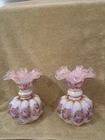 Pair 6 " Fenton Charleton Peach Crest Melon Vase Hand Painted Roses & Gold