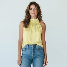 HUGO BOSS Womens Blouse Size 2 Yellow Halterneck Tie-Back Satin Scarf Sleeveless