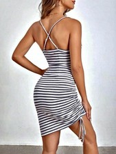 Grey Striped Print Drawstring Side Ladies Cami Dress Size S 8 Holidays
