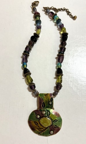Enamel &Rhinestone Pendant Necklace Purple Blue Green Art Glass beads Chicos Sgd - Picture 6 of 7