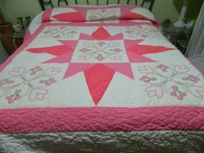 L-25 LOVELY PINK  WHITE HAND-EMBROIDERED  QUILTED FLORAL QUILT