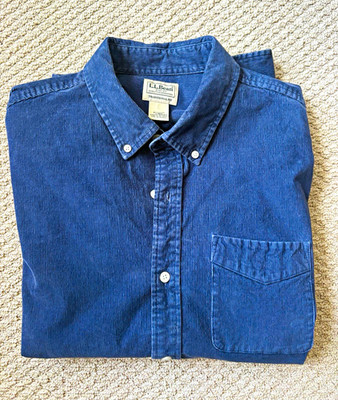 L.L.Bean Traditional Fit Blue Corduroy Button-Down Shirt L Regular Stretch