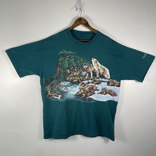 Vintage 90s Howling Wolfs Wrap Around Shirt Herren XL Natur Tiere Nationalparks