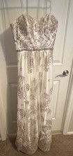 White Gold Glitter Formal Prom Dress with Beaded Waist: Size 4