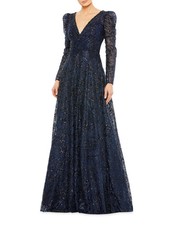 Mac Duggal Midnight Blue Sequin Beaded Long Sleeve A-Line Gown Size 12 $598