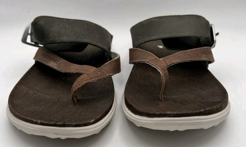 Merrell Womens Size 8 Flip Flops Wood Grain Leather Straps Select Grip Sole - Picture 13 of 17