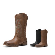 Women Western Mid Calf Wide Square Toe Pull-On Embroidered Stitched Retro Boots