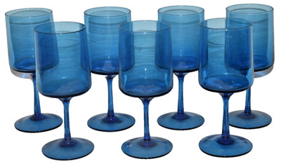 7 Peedee Italy Mid Century Modern Blue Blown Glass Wine Water Goblets 7 1/8''