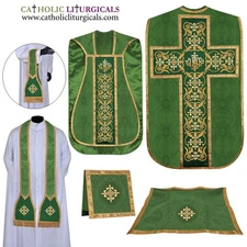 NEW Green Roman Chasuble Fiddleback Vestment and Mass set - IHS embroidery