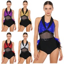 Womens Bodysuit Dance Jumpsuit Nightclub Leotard Sleeveless Shiny Waist Sequin