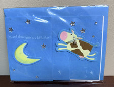 Tarjeta de felicitación nueva bebé vaca salta sobre la luna rima 3D sello