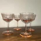 Pink Depression Sherry Cordial Glasses Etched Floral Design 1930's Set of 4