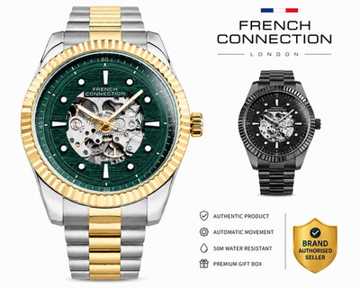 French Connection Men s Automatic Skeleton Watch Stainless Steel Green Dial 30M