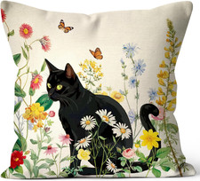 Spring Summer Funny Black Cat Flowers Art Home Decorations Outdoor Sofa Throw Pi