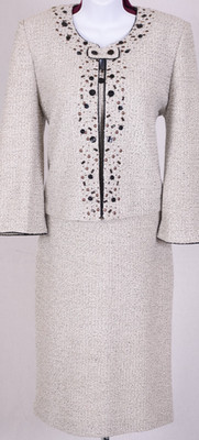 ST.JOHN Women's Tweed Tan White Black Trim Studs Beads Jacket & Dress Sz 14