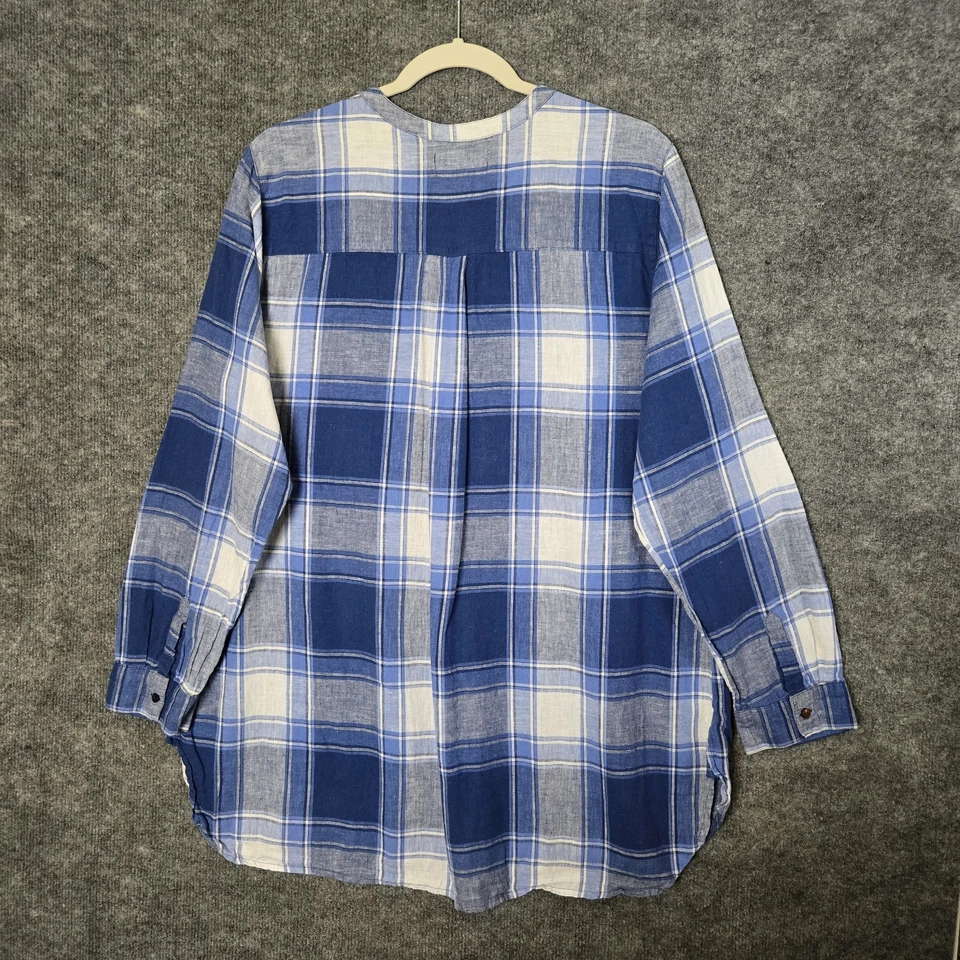 Old Navy Top Womens XL Blue White Plaid Cotton Linen Tunic Long Sleeve Henley - Image 4 of 4