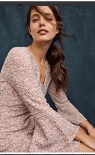 $148 Anthropologie Maeve Susie Swing Dress Tweed V-Neck Bell Sleeve Fall Sz L