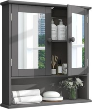 Grey Wooden Medicine Cabinet W/ Mirror 2 Doors  3 Open Shelves Wall Mounted