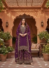 Purple Embroidered Salwar Kameez Set with Dupatta, Cotton Blend Net, Unstitched