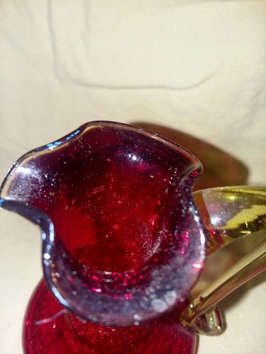 Vintage Red Crackle Glass 4.5" Vase With Applied Clear Handle Amber - Picture 2 of 4