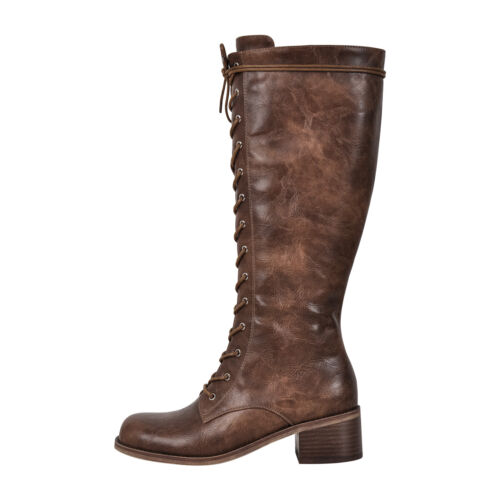 Womens Knee High Boots Combat Lace Up Low Chunky Heels Comfortable Vintage Boots - Picture 8 of 31