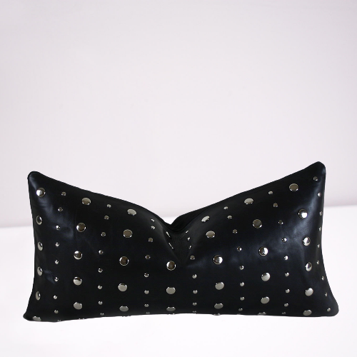 Genuine Black studded Leather Throw Pillow Cover nwt long black rectangle 9 - Picture 1 of 3